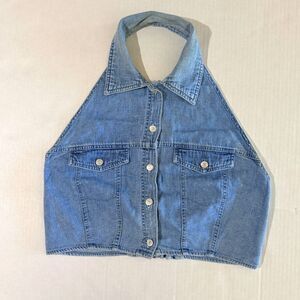 Retro 90s Denim Halter Top Backless Jean Vest Crop with Collar, L Butter Mom